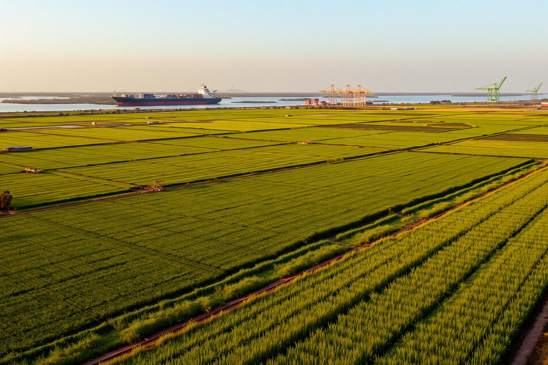 Sunlit Indian agricultural fields with a cargo port on the horizon